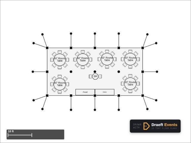 20 × 40 ft pole tent floor plan seating 50 guests