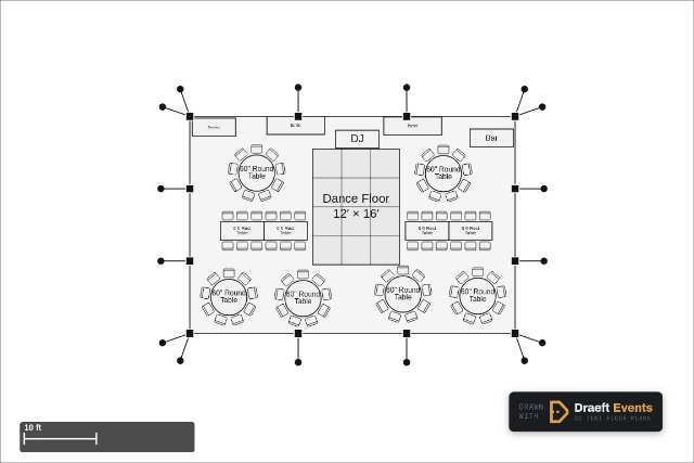 30 × 45 ft frame tent floor plan seating 78 guests
