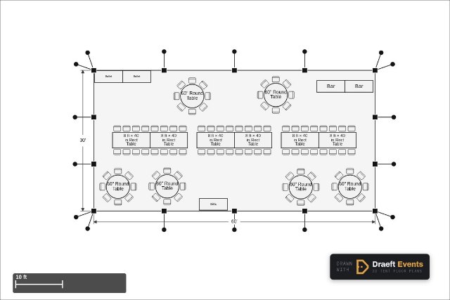 30 × 60 ft frame tent floor plan seating 96 guests