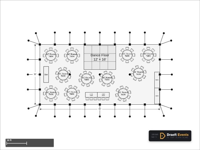 30 × 60 ft pole tent floor plan seating 94 guests