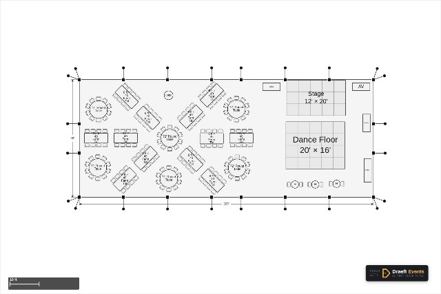 40 × 100 ft frame tent floor plan seating 162 guests