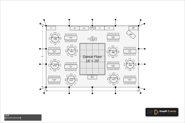 40 × 60 ft frame tent floor plan seating 122 guests