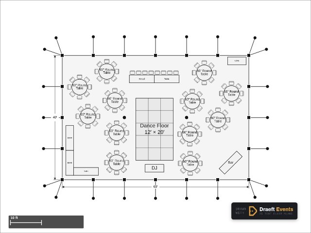 40 × 60 ft pole tent floor plan seating 104 guests