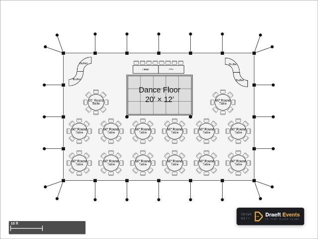 40 × 60 ft pole tent floor plan seating 120 guests