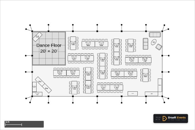40 × 80 ft frame tent floor plan seating 176 guests