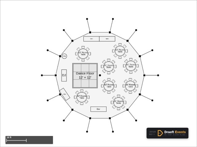 45 × 44 ft sailcloth tent floor plan seating 64 guests