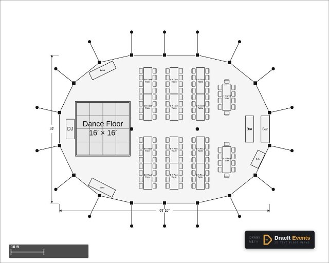 45 × 64 ft sailcloth tent floor plan seating 116 guests
