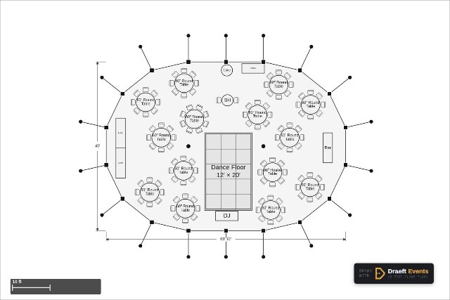 45 × 64 ft sailcloth tent floor plan seating 114 guests