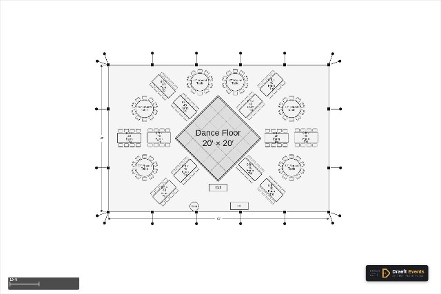 50 × 75 ft frame tent floor plan seating 156 guests